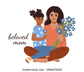 A young mother hugs her daughter and holds a bouquet of flowers. Beautiful woman with her child. Vector illustration