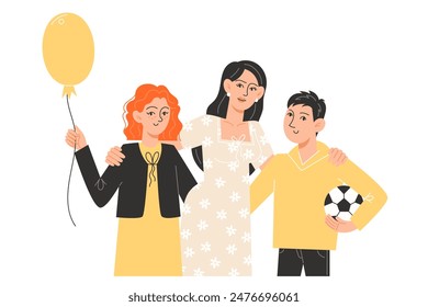 A young mother hugs her daughter and son
