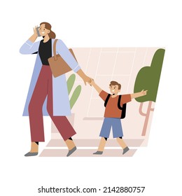 Young mother hurrying to office walking her child to school, kindergarten, making a phone call, businesswoman career, talking on the phone while her son distracting her, vector cartoon illustration