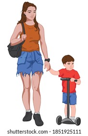 Young mother in jeans skirt and brown t-shirt holding hands with her son dressed in red and blue clothes while he is riding kick scooter. Vector