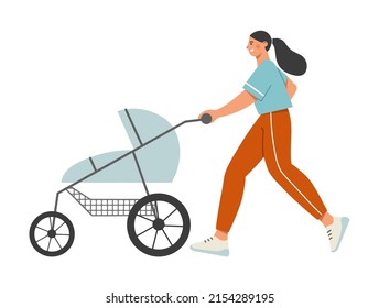 Young mother jogging with a baby buggy. Healthy lifestyle, sport, jogging and self care. Flat vector illustration.