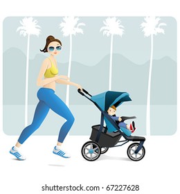 Young Mother Jogging With Toddler In A Stroller