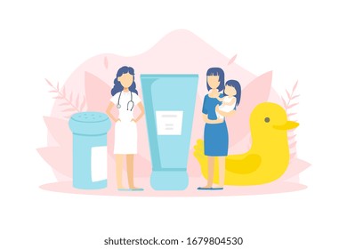 Young Mother with Kid Visiting Doctor, Tiny People and Big Baby Care Accessories, Medical Check Up Vector Illustration
