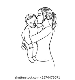 young mother kissing a baby of about a year in her arms - hand drawn line art