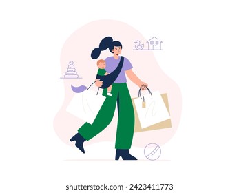 A young mother with a little child and shopping bags in her hands. Buying baby supplies and toys. Vector flat illustration on a white background.