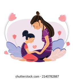 Young Mother With Little Daughter Communicate Vector Cartoon Illustration.Modern Parents And Children Concept.Child Mental Health.Happy Mother's Day