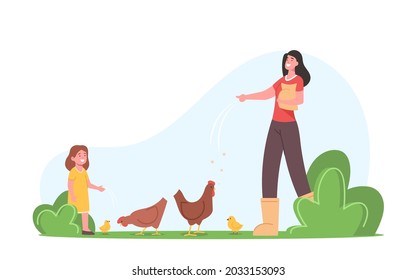 Madre joven con hija pequeña alimentando aves en la granja. Trabajan Familiares de Agricultores o Personajes de Aldeas. Mamá y niña cuidan de las aves en la granja de aves de corral, agricultura, agricultura. Ilustración de vectores de personas de caricatura