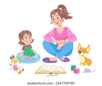Young mother and little daughter are sitting and reading a book together. In cartoon style. Isolated on white background. Vector flat illustration