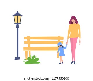 Young mother with little kid daughter, holding hands, walking along the road in recreation park, against the backdrop of the surrounding landscape, trees, lanterns. Vector illustration in flat style.