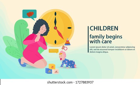 A young mother looks at a baby baby that moves, happy family, caring for children, banner design concept and websites, vector flat illustration