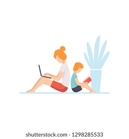 Young Mother Lying on Floor and Working on Laptop Computer, Her Son Sitting Next to Her and Reading, Mother and Son Seated Back to Back, Freelancer, Parent Working with Child Vector Illustration