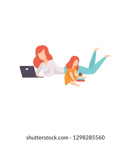 Young Mother Lying on Floor and Working on Laptop Computer, Her Daughter Playing Next to Her, Freelancer, Parent Working with Child, Mommy Businesswoman Vector Illustration