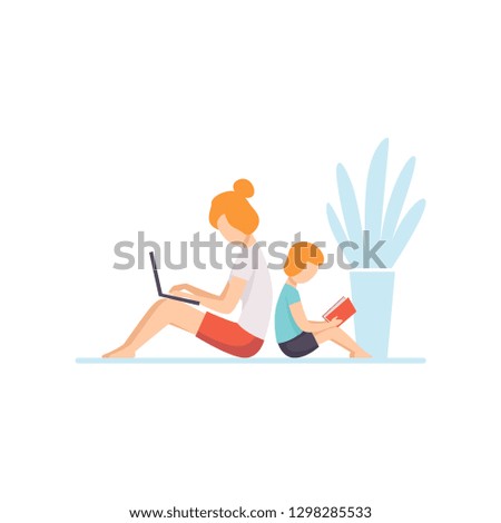 Young Mother Lying on Floor and Working on Laptop Computer, Her Son Sitting Next to Her and Reading, Mother and Son Seated Back to Back, Freelancer, Parent Working with Child Vector Illustration