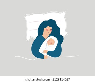 Young mother lying on her bed and holding her baby. New mom holds her infant kid in her arms with care and love. Happy new mother's day, mother's day, motherhood and parenting. Vector illustration. 