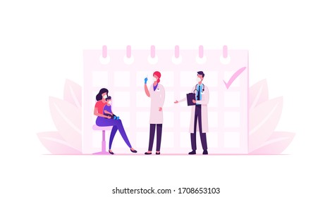 Young Mother in Mask Bring Little Baby to Hospital for Vaccination and Immunization Procedure. Doctor Characters Shooting Vaccine Covid19 for Immunity Health Care. Cartoon People Vector Illustration