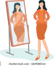A young mother is in the mirror before going to a party wearing her favorite dress svg