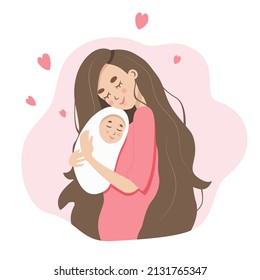 Young mother and newborn baby. Happy woman carefully hugging her child. Cute vector illustration of mom holding her kid in her arms. Isolated cartoon characters on a white background