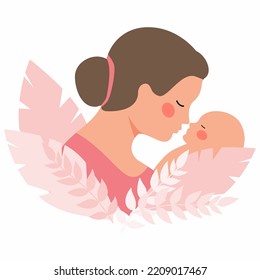 A young mother with a newborn baby in her arms