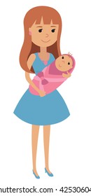 Young mother with a newborn baby in her arms, wrapped in a blanket. Vector illustration of woman leaving hospital isolated on white background.