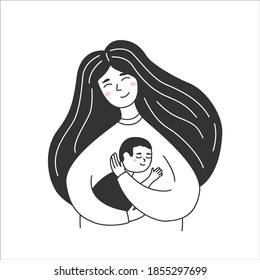 Young mother with a newborn. Happy woman  is holding her little baby, motherhood, childcare, mommy and infant, mothers day and parenting vector concept. Black and white simple art