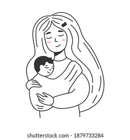 Young mother with a newborn. Happy woman  is carrying her little baby in sling, motherhood, childcare, mommy and infant, mothers day and parenting vector concept. Black and white simple art
