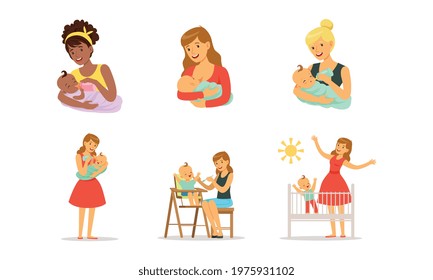 Young Mother Nursing Her Little Baby Bottle And Breast Feeding Vector Set