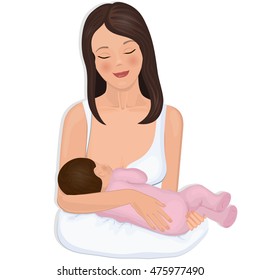 Young mother with a nursing infant. Vector illustration.