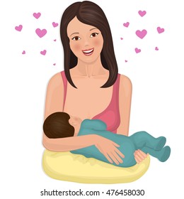 Madre joven con un bebé lactante. Ilustración vectorial.