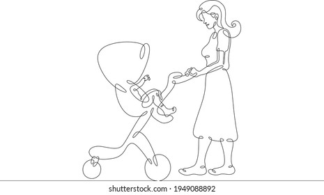 Young mother on a walk with a small child in a stroller. Motherhood and upbringing. One continuous drawing line  logo single hand drawn art doodle isolated minimal illustration.