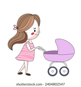 A young mother on a walk with a stroller. Walking outdoors with your baby. Taking care of the baby. Happy motherhood. Images produced without the use of any form of AI software at any stage. 