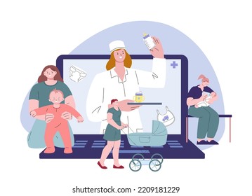 Young Mother Online School. Nurse Or Pediatric Talk About Infant Feeding. Pediatrician, Newborn Healthcare Web Consulting. Telemedicine For Mothers Vector Concept