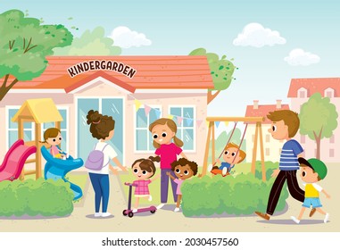 Young mother pick up her children kids from kindergarten or daycare center standing in front of playground of kindergarten building. Parents collect children after lessons in preschool on summer day