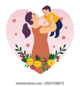 Young mother playing with her baby. Mother holding her baby boy. Flat vector illustration.