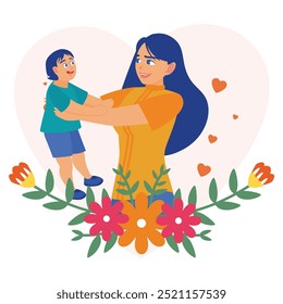 Young mother playing with her son. Mother holding her son. Mother's Day concept. Flat vector illustration.