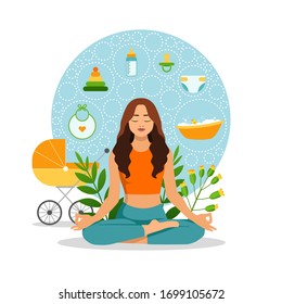 A young mother practices yoga in a lotus position in nature while her baby sleeps in a stroller. Weekdays mothers, daily worries. A tired mom relaxes. Stock vector illustration in a flat style.