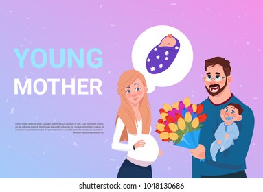 Young Mother Pregnant Woman With Husband Holding Flowers And Small Son Over Background With Copy Space