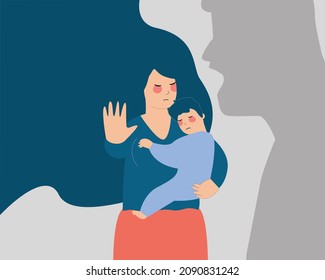 A young mother protects her child from a man's shadow that threats and yell at them. Concept of family abuse, domestic violence, motherhood, negative parenting, Stop bullying children and women.  