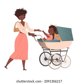 Young Mother Pulling Baby Carriage with Little Girl Sitting Inside Vector Illustration