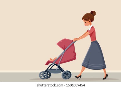 Young Mother Pushing Baby Stroller Vector Illustration. Cute modern mommy walking her newborn outdoors
