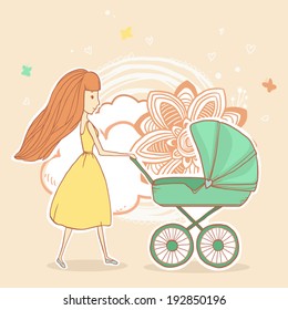 Young mother pushing baby stroller on summer floral background. Vector illustration