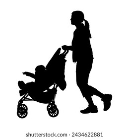 Young mother pushing a baby in stroller side view black silhouette.	