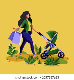 Young mother pushing her child in a stroller trough the park illustration