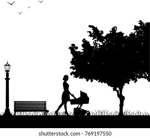 Young mother pushing the stroller and walk through the park silhouette. Layered vector illustration