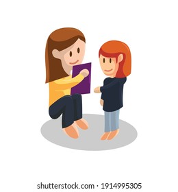 Young mother Reading Book and Daughter listening . Happy Mothers Day concept with mom and Daughter . Vector illustration 
