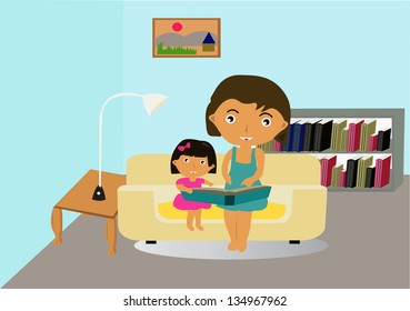 Young mother reading book to her daughter , vector