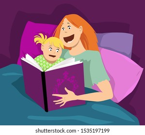 Young mother reading a book to her little girl in bed, EPS 8 vector illustration