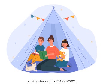 Young mother is reading book and telling story for little son and daughter in the teepee tent. Concept of family spending leisure time together. Flat cartoon vector illustration