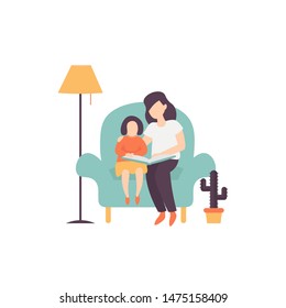 Young mother reads a book with her child, teaches to read her daughter on the armchair. Flat vector illustration isolated on white background.