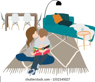 Young mother reads a book with her son, sitting on the carpet in the room with many interior details.  isolated vector illustration