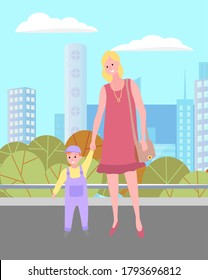 Young mother in red dress with bag over his shoulder holds the boy`s hand in lilac jumpsuit. A family stands on the street, behind an urban green park, skyscrapers. Fresh air walking. Flat image